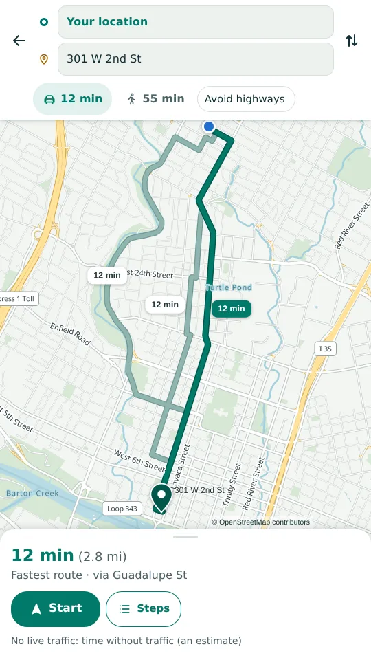 Three routes to 301 West 2nd Street, each labelled 12 minutes, the fastest via Guadalupe Street.