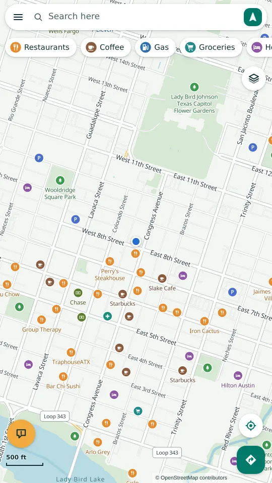 The map of downtown Austin with named places.