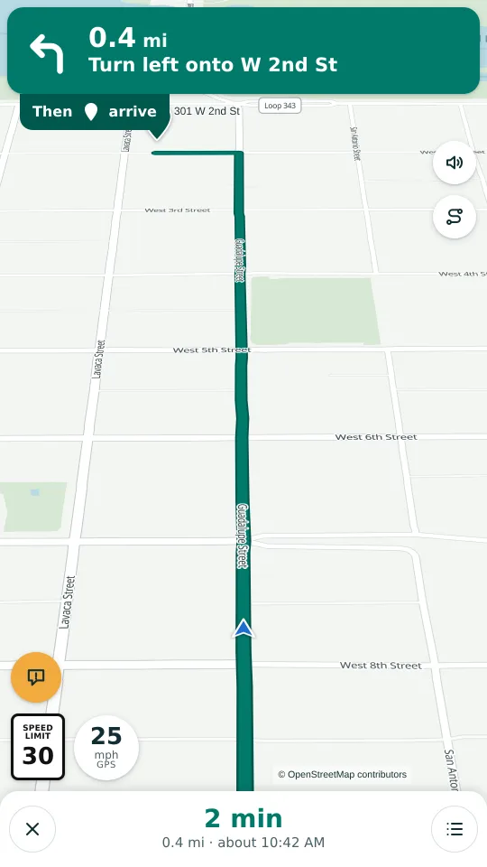 Rumbo Maps guiding a drive down Guadalupe Street: turn left onto West 2nd Street in 0.4 miles, speed limit 30.